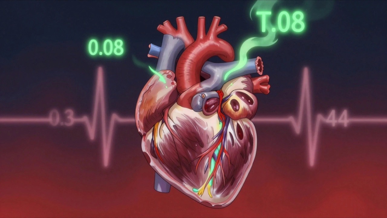 Cross-section of a heart with thickened muscle and irregular pulses, glowing TSH numbers floating nearby.