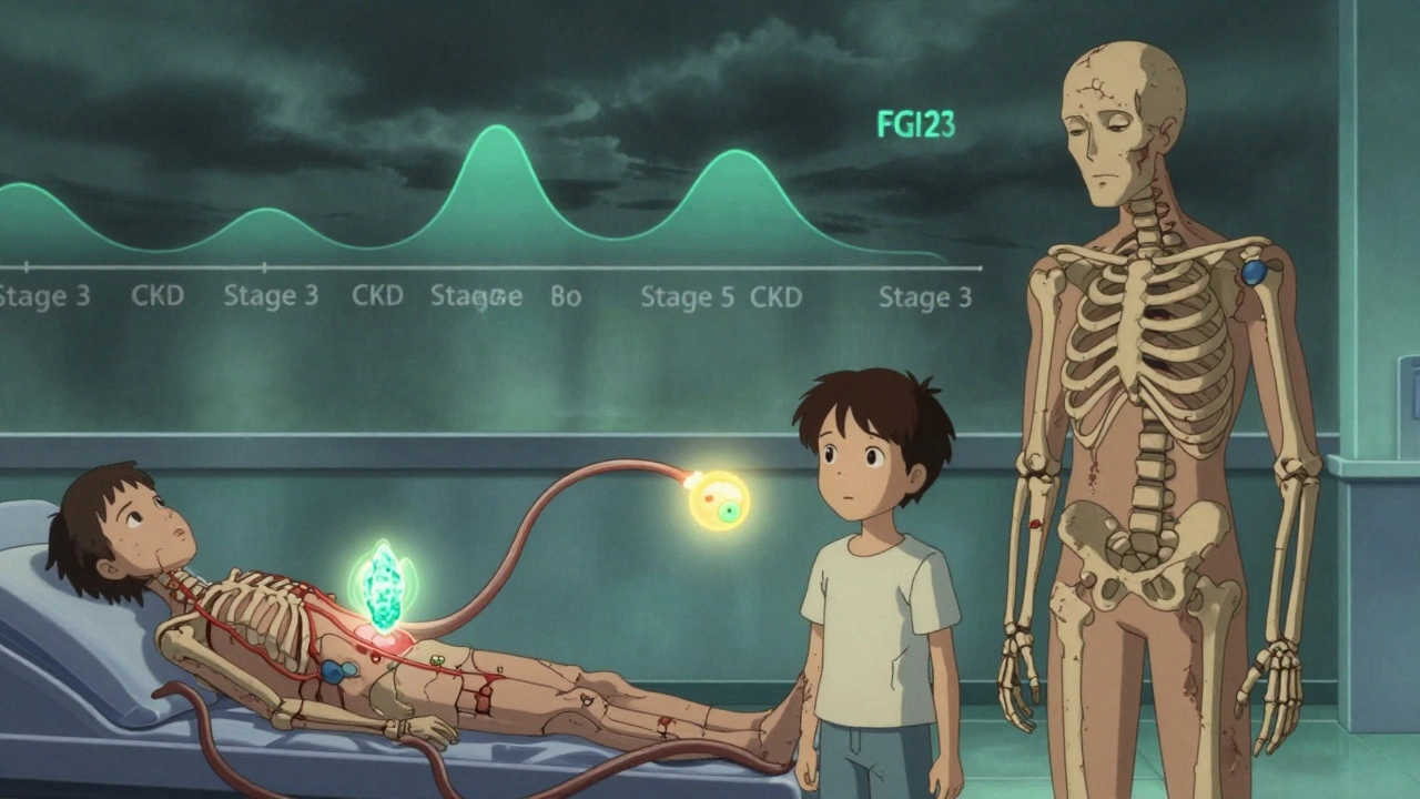 Dialysis machine pulling phosphate crystals from a patient while releasing Klotho protein, child and adult versions side by side.