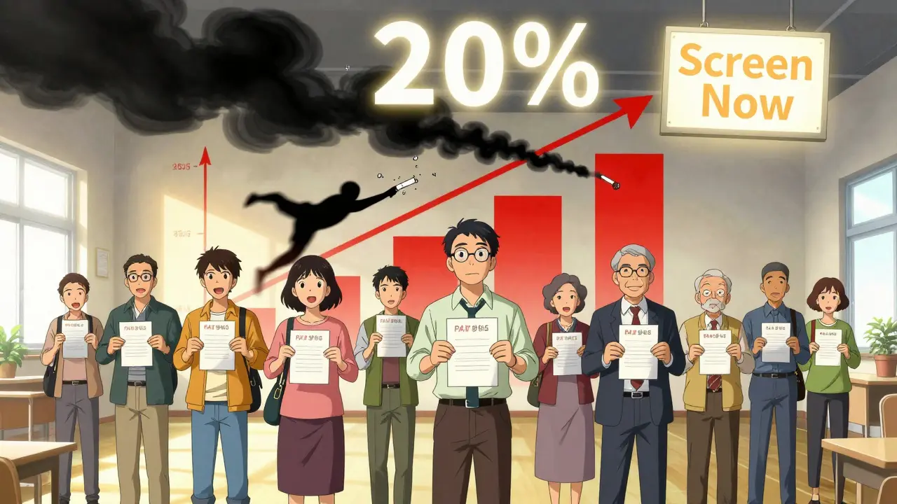 Diverse people stand together with pack-year counts as a chart shows improved survival rates.