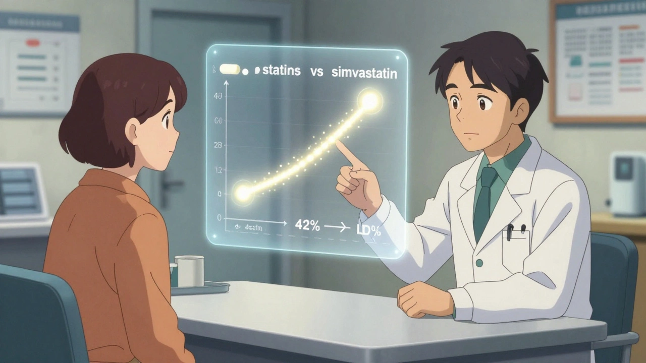 Doctor and patient discussing statin half-lives with a floating visual infographic in a clinic setting.