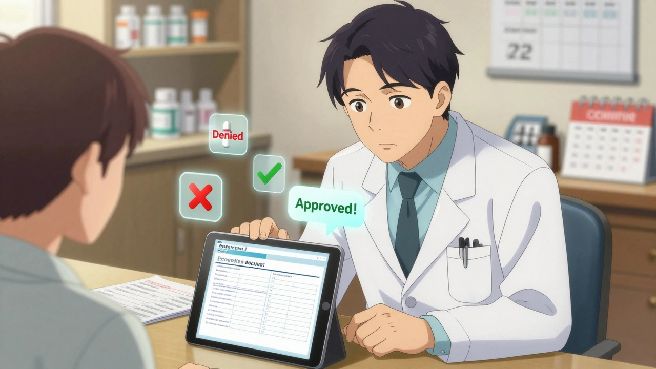 Doctor and pharmacist reviewing a formulary exception request on a tablet