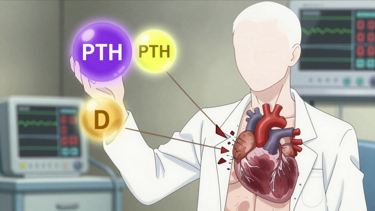 Doctor holding three glowing orbs representing phosphate, PTH, and vitamin D, connected to a patient’s chest with fraying threads.
