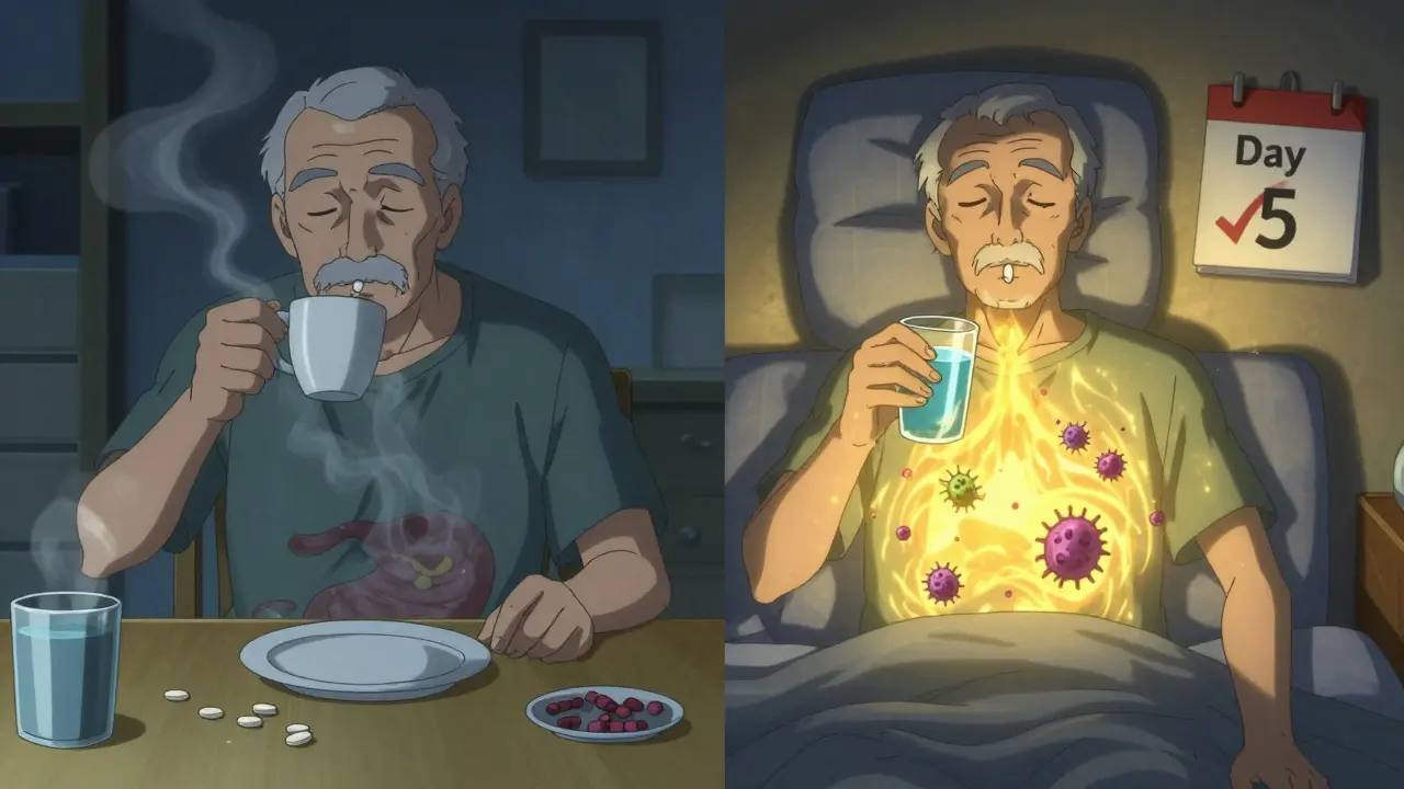 Elderly man taking doxycycline at night with golden light radiating as bacteria vanish, contrasting earlier failure scene.