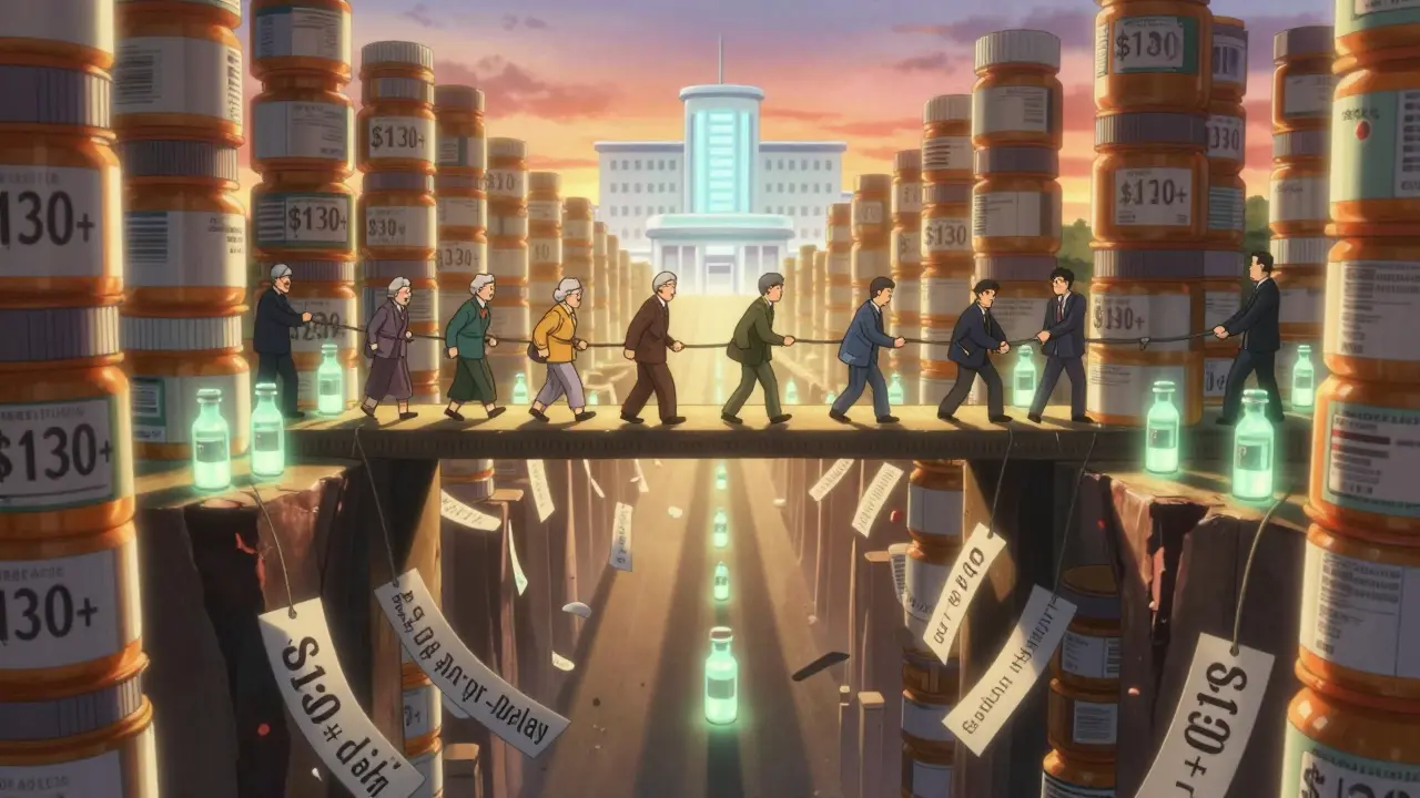 Elderly patients walking across a bridge made of generic pills over a chasm of rising brand-name drug prices.