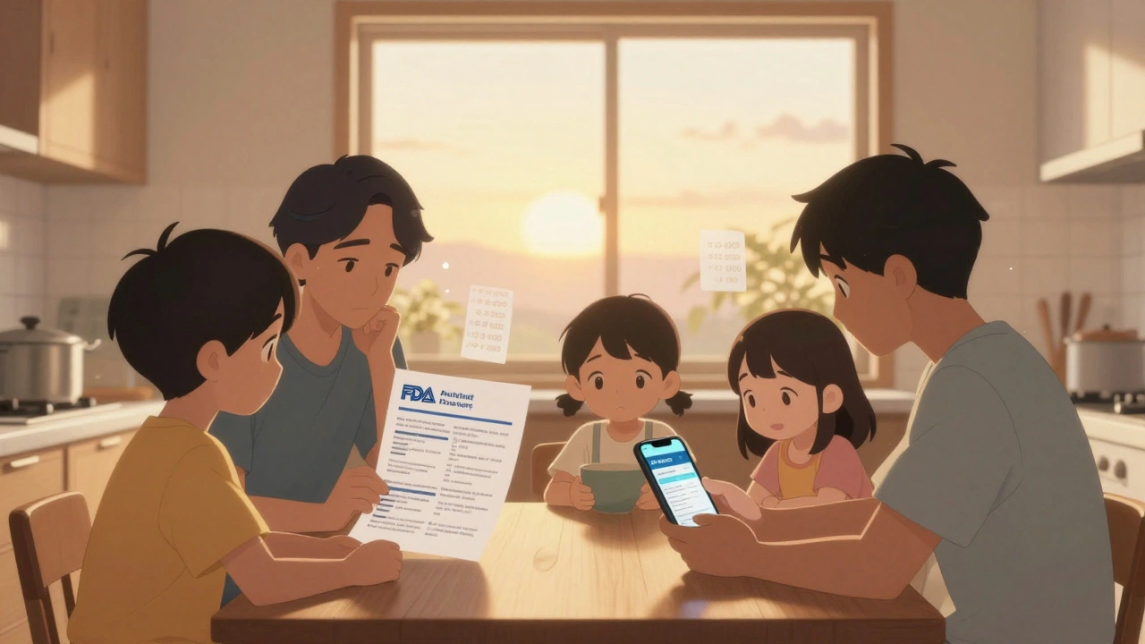 Family learns about medication approval together using printed and digital FDA guides.