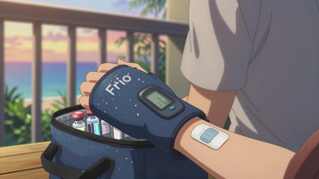 Frio sleeve with insulin vials on balcony, CGM sensor on arm, sunset in background