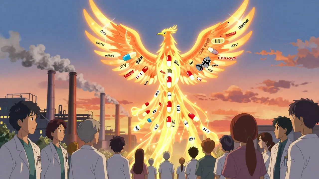 Generic drug pills rising as a phoenix over factories, replacing old brand logos.