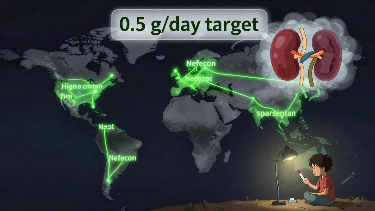Global map showing unequal access to kidney treatments, with one child testing urine at home.