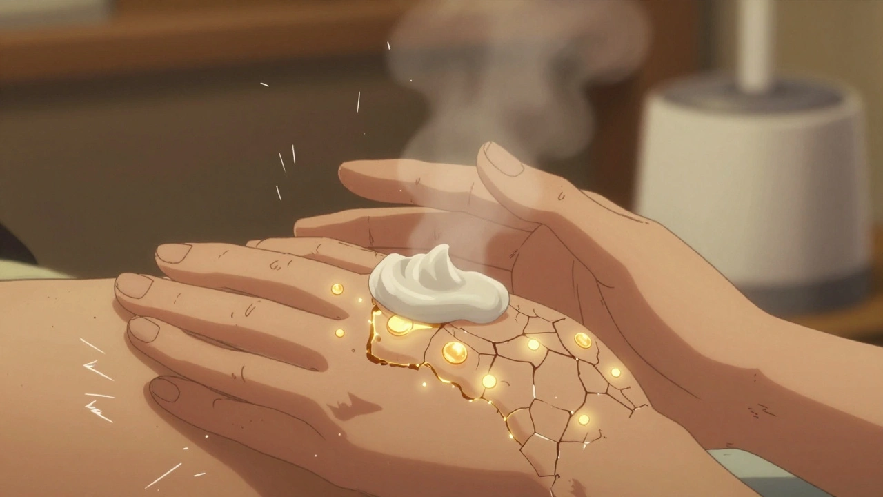 Hands applying moisturizer to skin as golden repair particles rebuild the skin barrier.