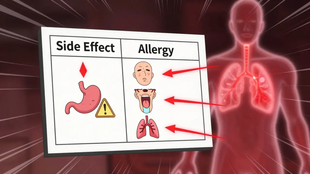 Medical chart comparing side effects and allergies with glowing immune response arrows