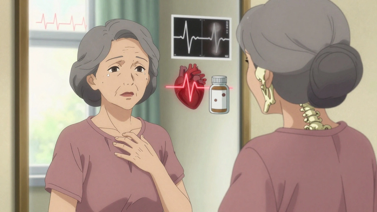 Older woman&#039;s split reflection showing healthy self and damaged heart and bones under morning light.