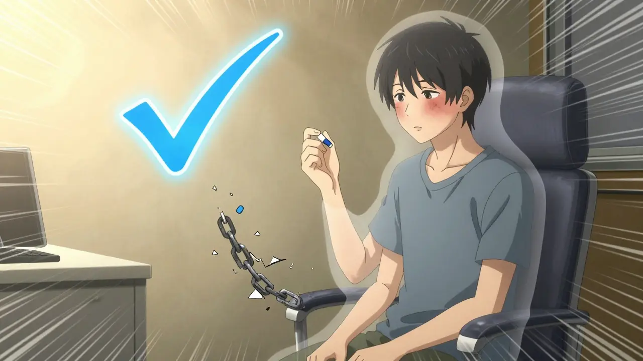 Patient holding penicillin pill as ghost image fades and chains break, symbolizing correct allergy diagnosis