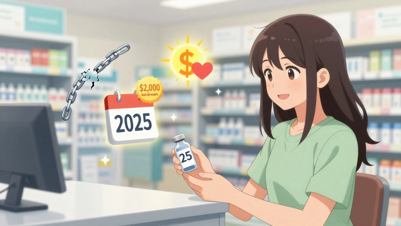 Patient receiving affordable insulin with symbols of cost relief and hope