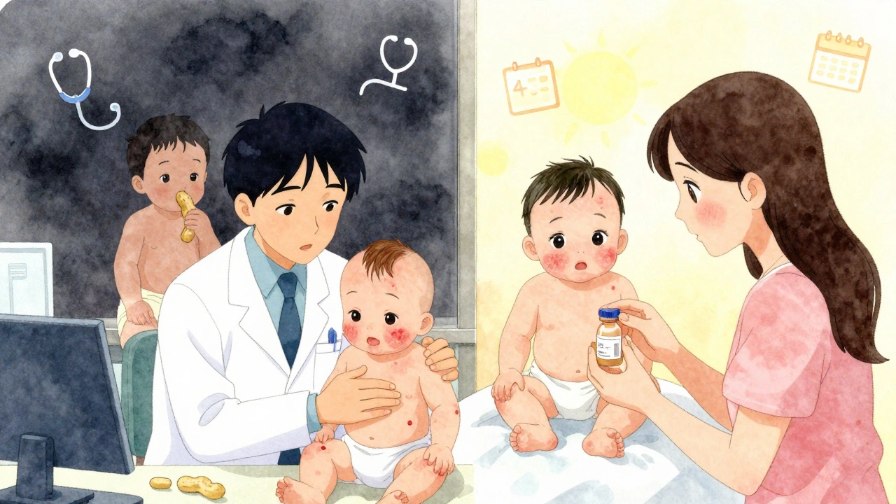 Pediatrician explaining peanut introduction to parent, with visual contrast of allergy prevention vs avoidance