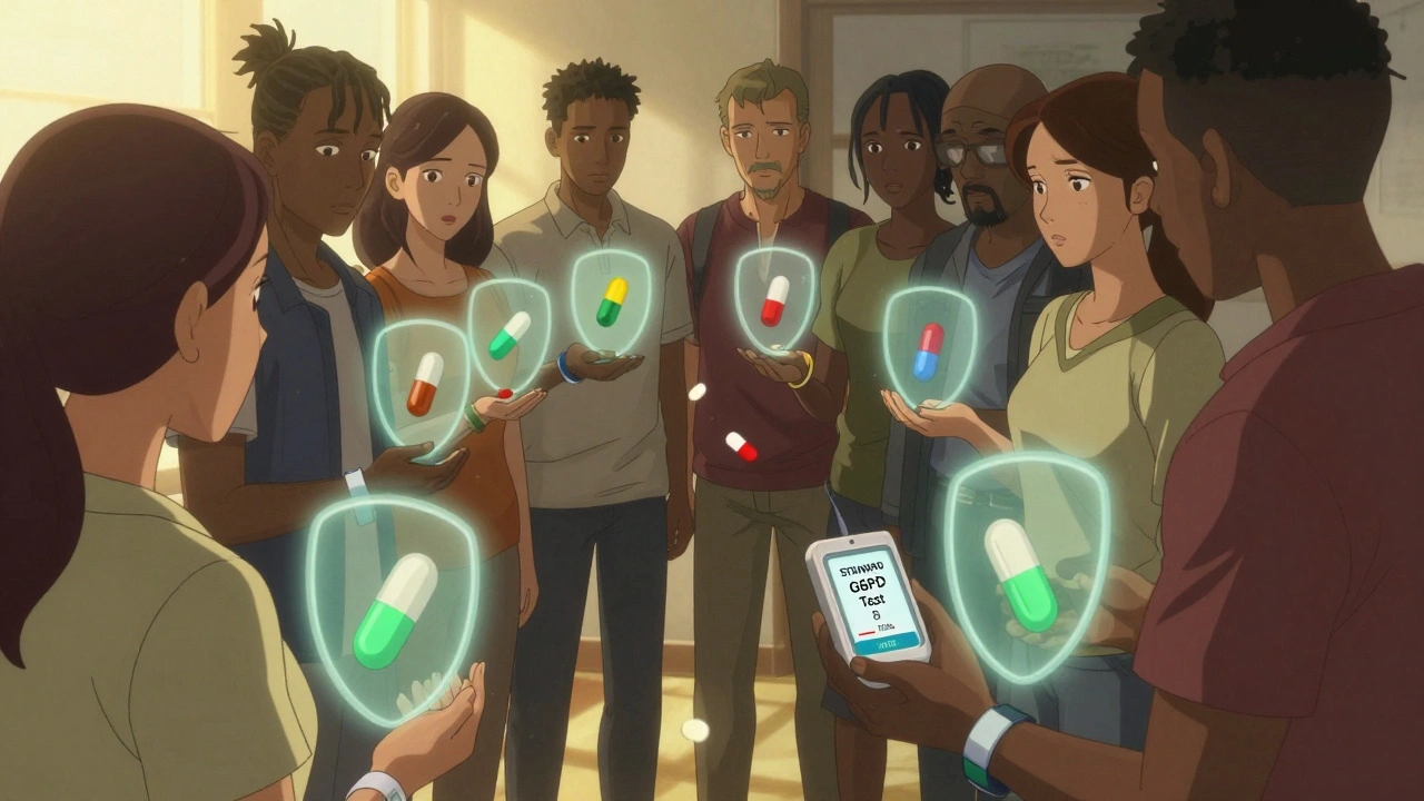 People from different regions wearing medical alert bracelets that block harmful pill icons with protective shields.