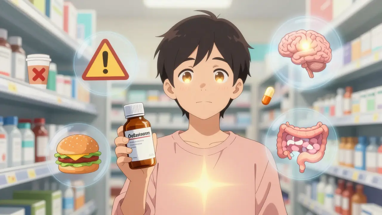 Person choosing anti-nausea options at pharmacy, with symbols of triggers and relief.