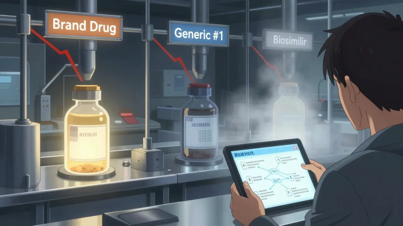 Pharmaceutical factory with brand, generic, and biosimilar production lines as price graphs plummet, an analyst watches with a predictive tablet.