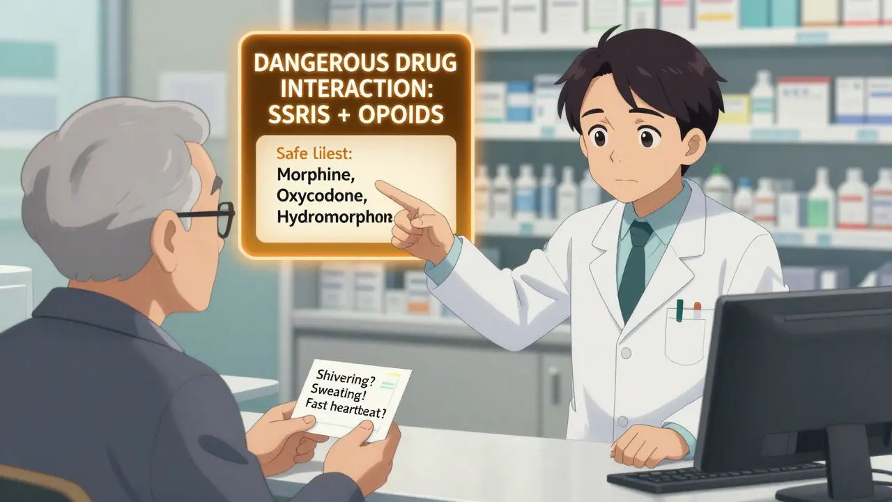 Pharmacist alerts elderly patient about dangerous drug interaction with digital warning.