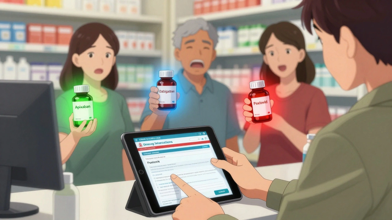Pharmacist checking drug interaction website while patients hold blood thinner and Paxlovid bottles with warning auras.