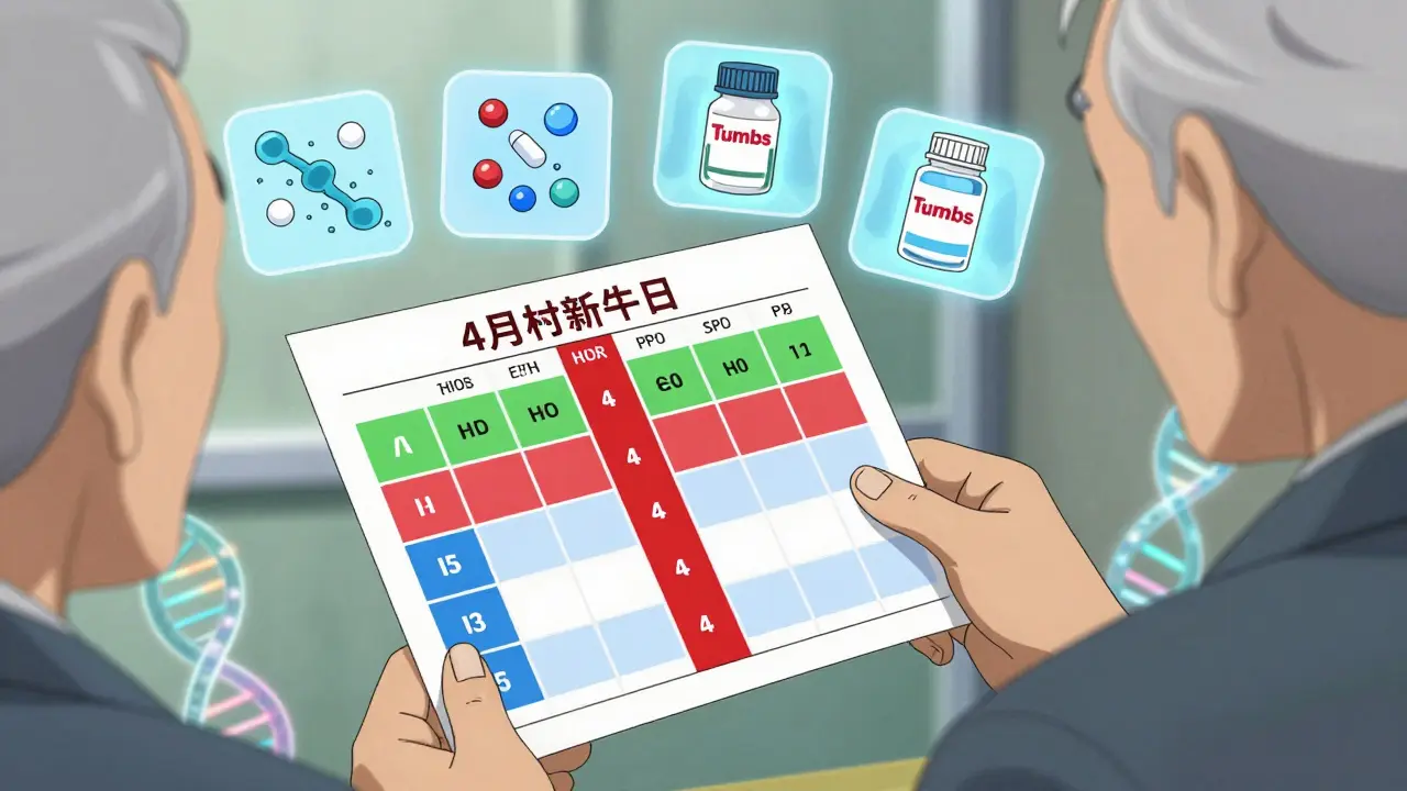 Pharmacist giving color-coded pill schedule to patient, with visual time gaps and safe acid-reducers shown.