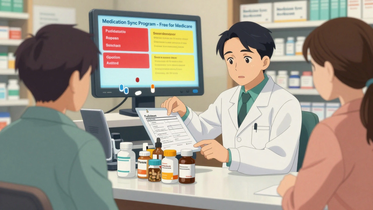 Pharmacist reviewing medication bottles on a counter with a digital interaction alert screen in the background.
