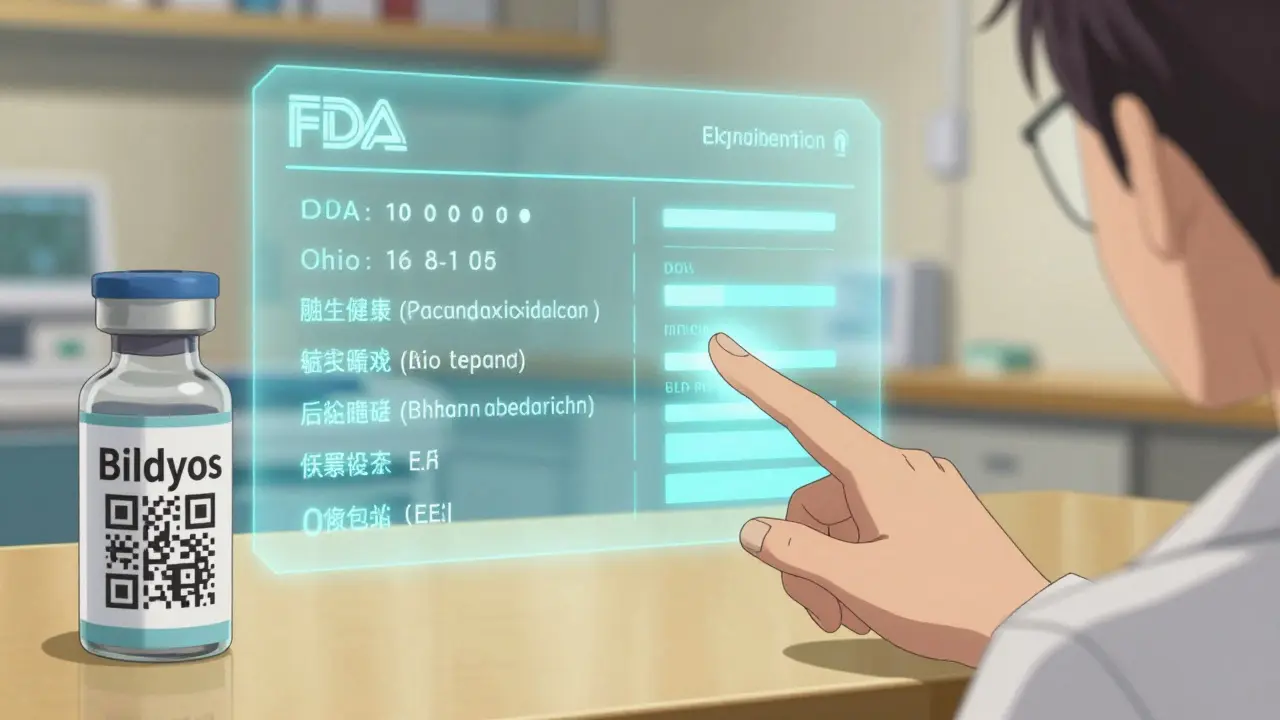 Pharmacist showing a QR code that displays a holographic FDA bioequivalence report.