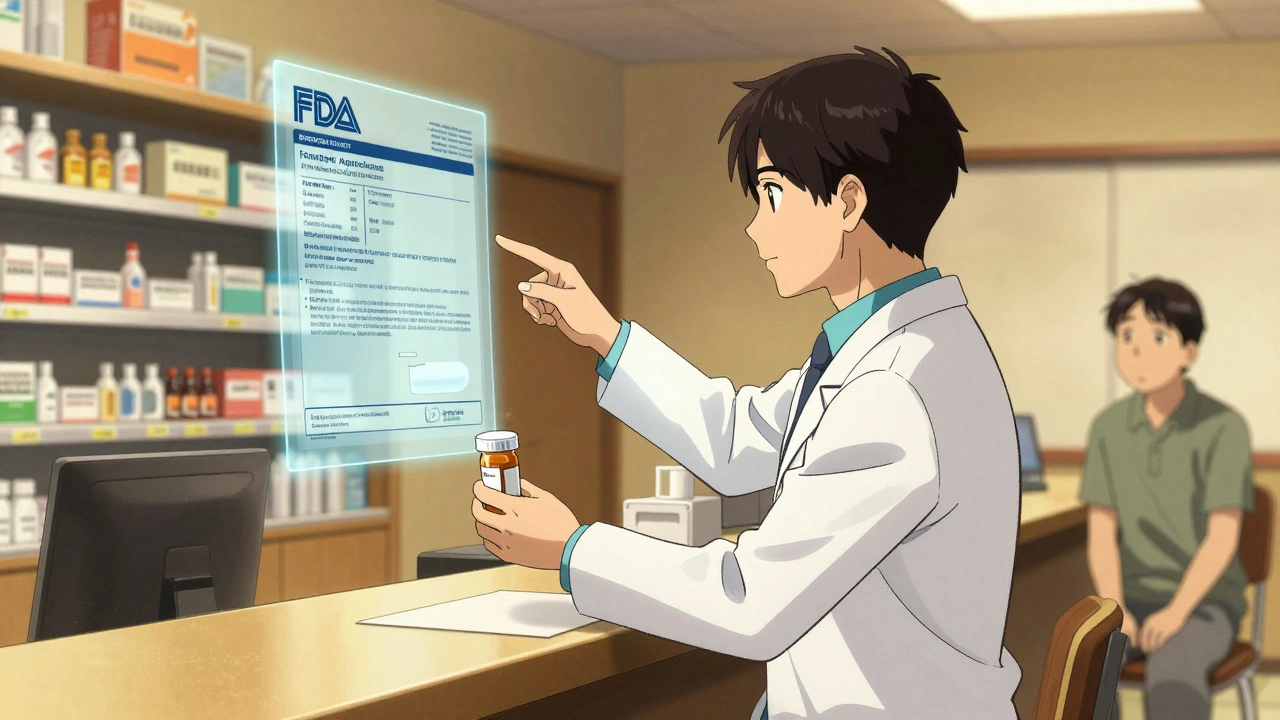Pharmacist shows FDA approval documents to a patient using a holographic display.