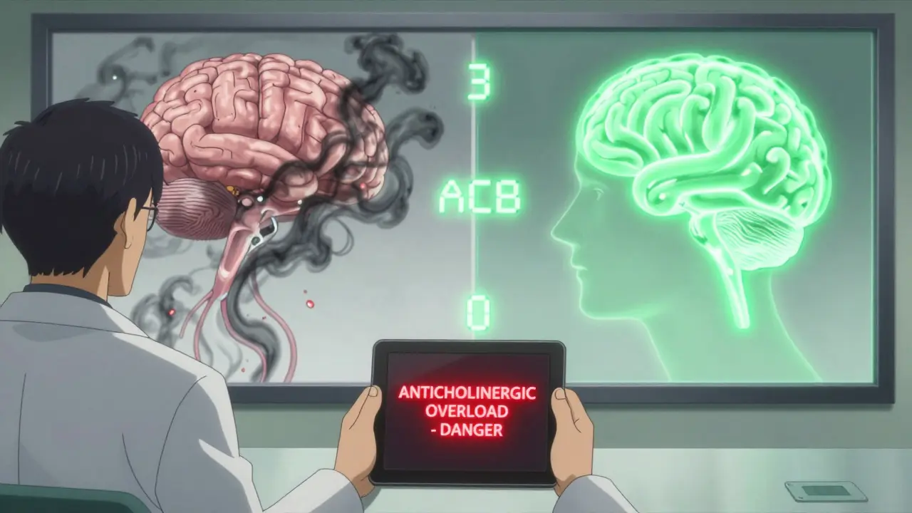 Pharmacist viewing a digital warning alert with contrasting images of brain damage and safe alternatives.