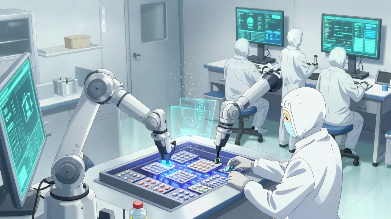 Robotic arms in a sterile clean room packaging pills under UV light.