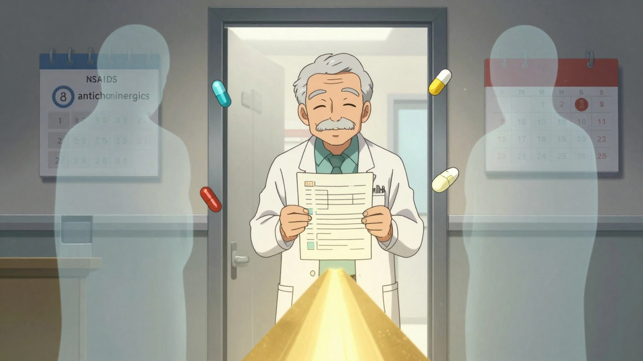 Senior holding a simplified medication list as conflicting drug shadows fade away in front of a doctor&#039;s office.