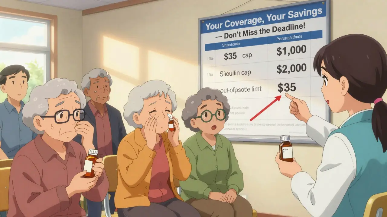 Seniors learning about insulin cost cap with a counselor in a community center.