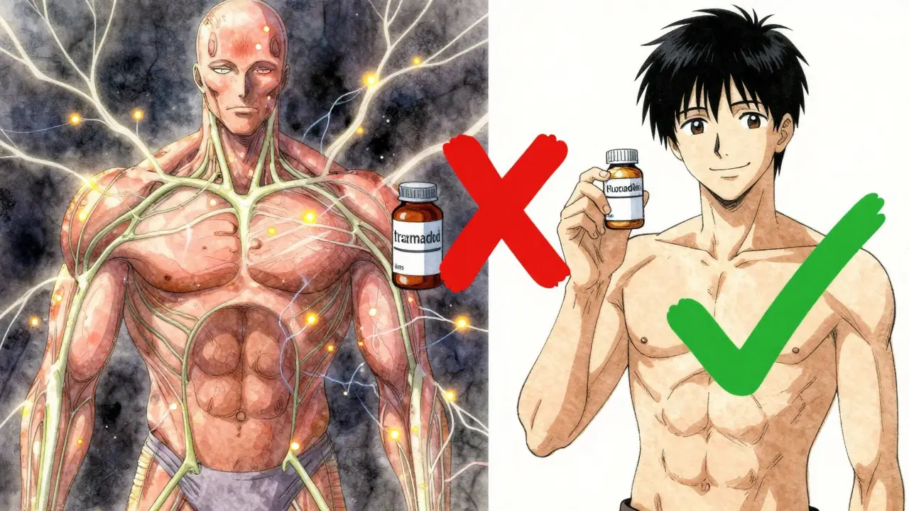 Split image: serotonin overload vs. safe pain management with morphine.