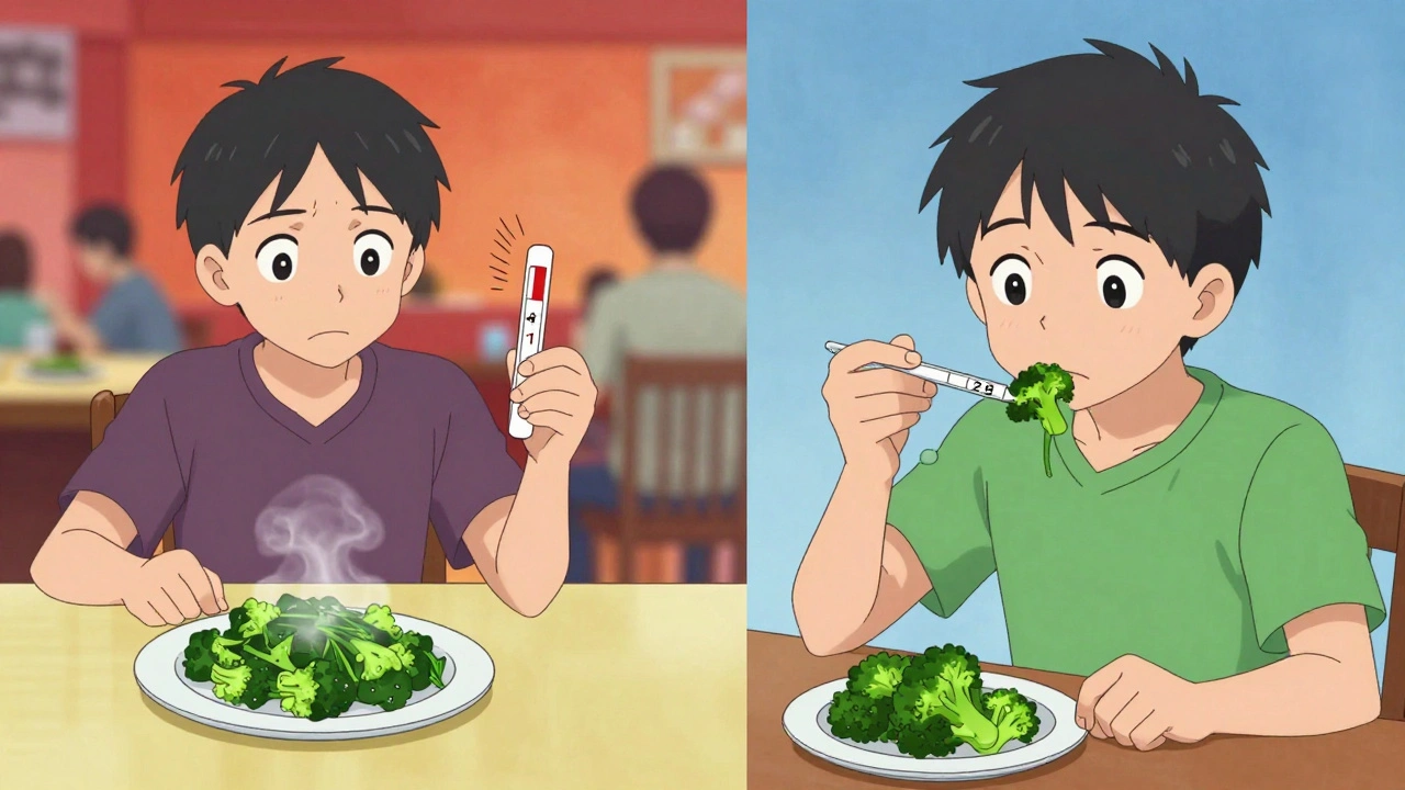 Split scene: a patient alarmed by high INR at a restaurant versus calm, controlled eating at home.