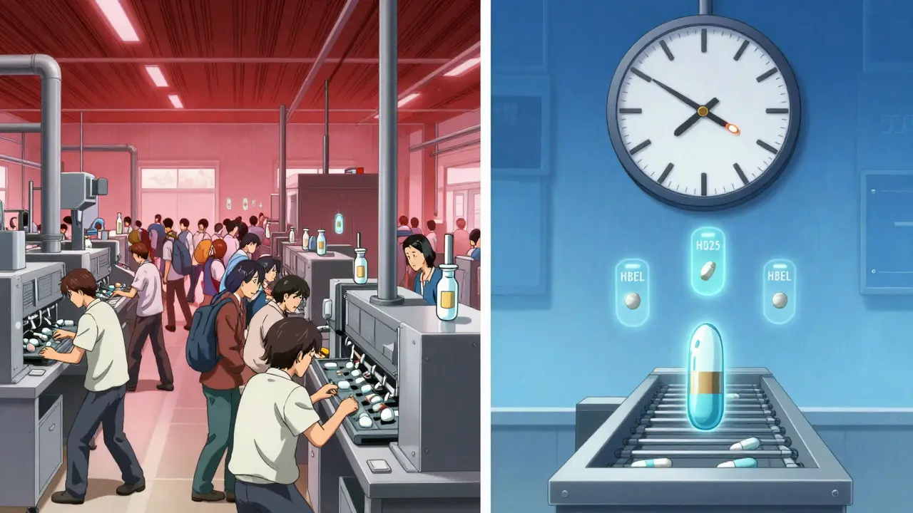 Split scene: chaotic multi-drug production vs. isolated clean line, digital clock ticking to 2025.