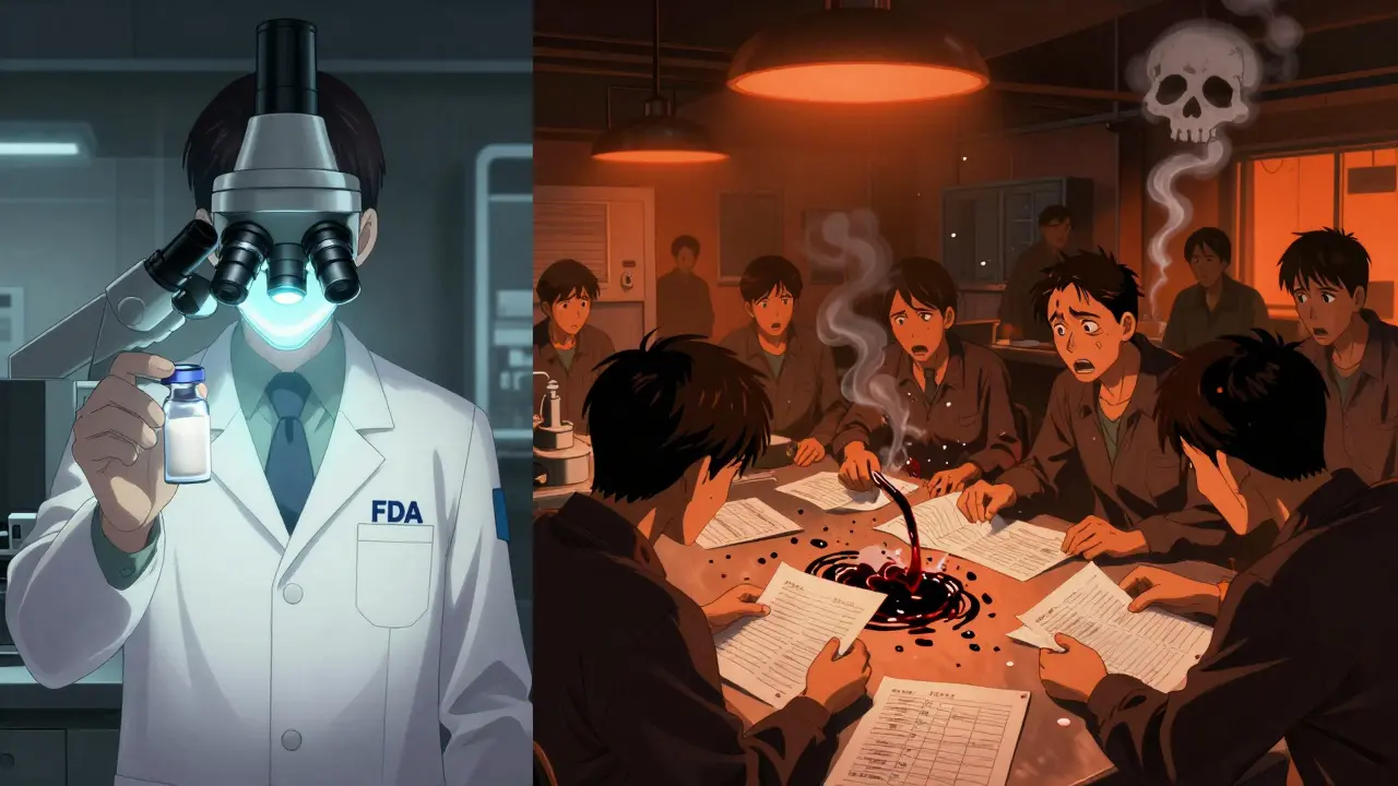 Split scene: FDA inspector with clean medicine vs. factory workers destroying quality records in shadowy industrial setting.