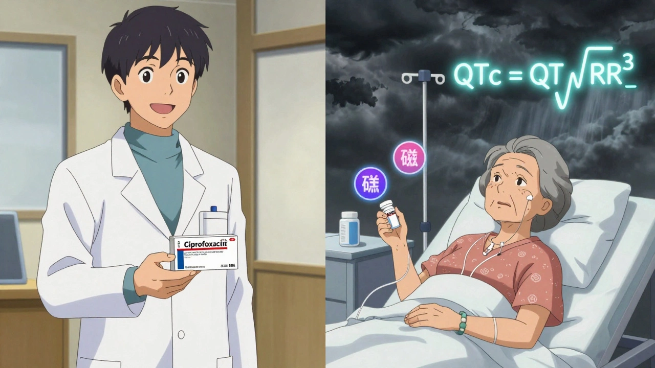 Split scene: healthy patient receiving ciprofloxacin vs. high-risk elderly patient with risk factors.