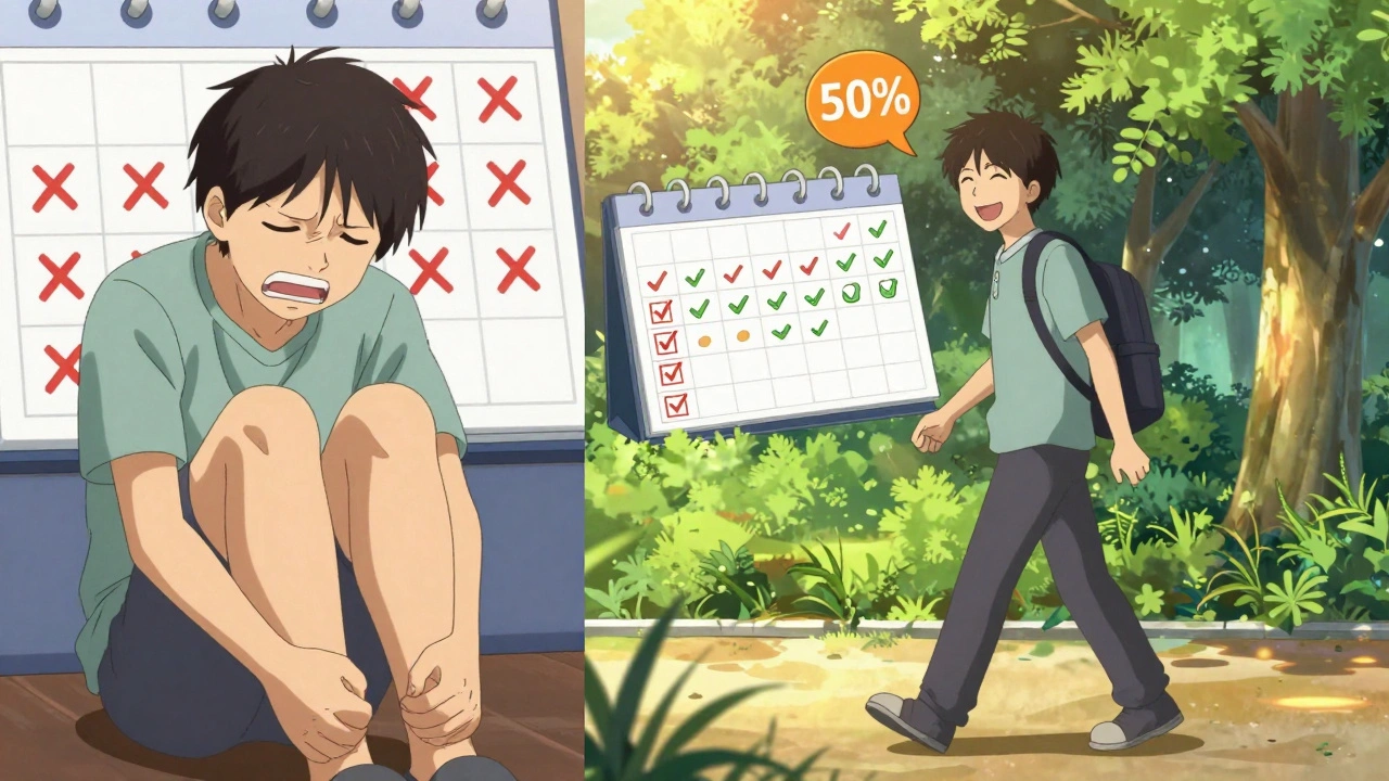 Split scene: left shows muscle pain from daily statins, right shows relief and confidence with every-other-day dosing.