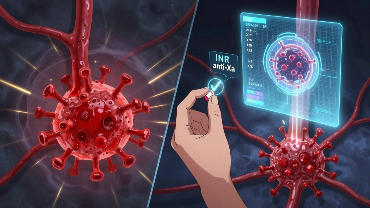Split scene of blood clots from COVID-19 vs. AI predicting safe dosing, with floating medical data and a checkmarked pill.