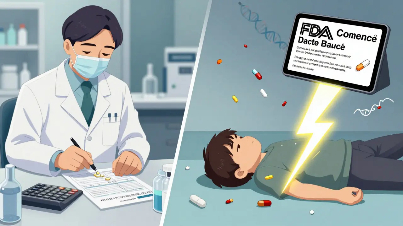 Split scene: pharmacist adjusting dose vs. person collapsing from single pill.
