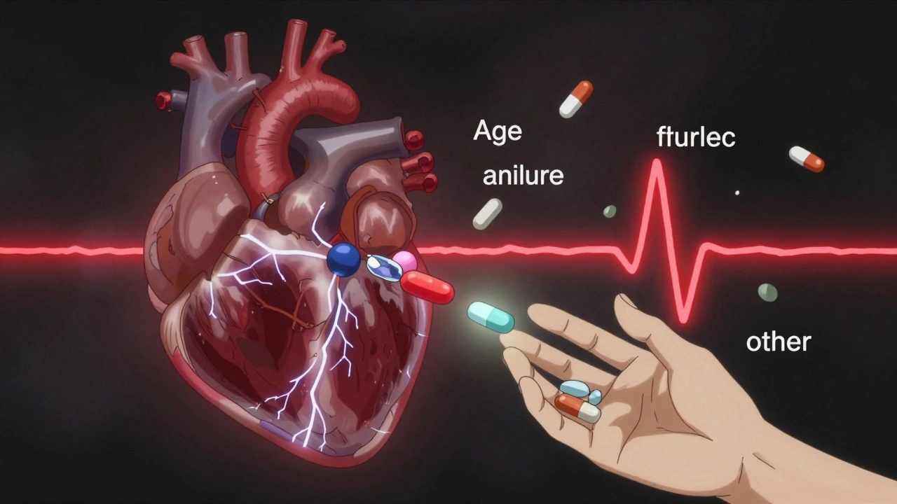 Stylized heart with blocked potassium channel and floating risk factors, being rescued by electrolytes.