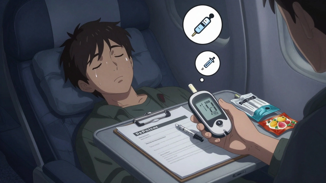 Traveler on plane with low blood sugar reading, doctor&#039;s letter and snacks nearby