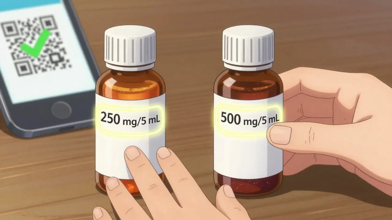 Two liquid medication bottles side by side with different concentrations, one being safely stopped before use.