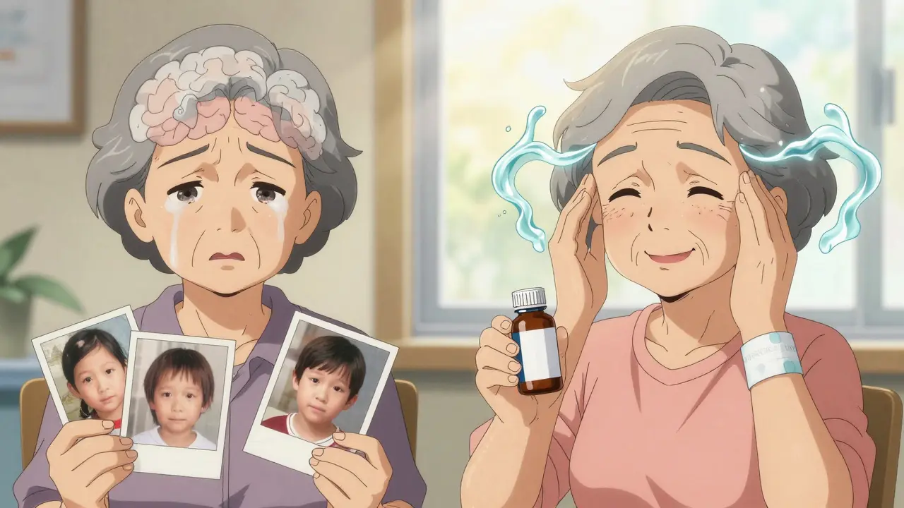 Woman before and after stopping dangerous meds: confused on left, smiling with melatonin on right.