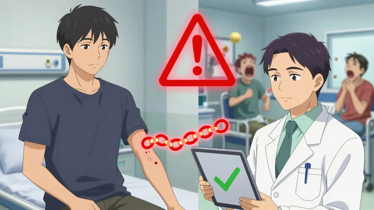 Young man getting genetic test, glowing DNA chain leading to warning symbol.