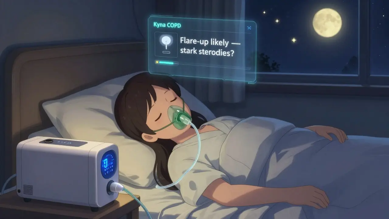 A patient sleeping with portable oxygen and an AI health alert glowing softly above.