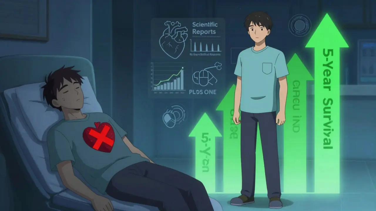 A patient thrives on generic medication while data graphs rise around them, symbolizing improved survival rates.