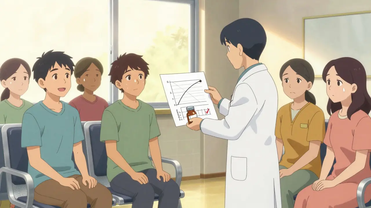 A pharmacist explains bioequivalence to anxious patients in a clinic, with a hand-drawn chart and warm lighting.