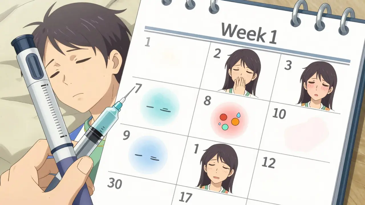 A weekly injection pen beside a calendar, showing facial transformation from sickness to wellness over 12 weeks.