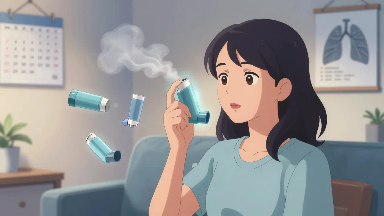 A woman using a single triple-action inhaler, with old inhalers dissolving into mist.