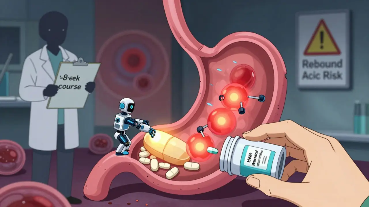 Animated pill dissolving in stomach with proton pumps being shut down and medication tapering shown.
